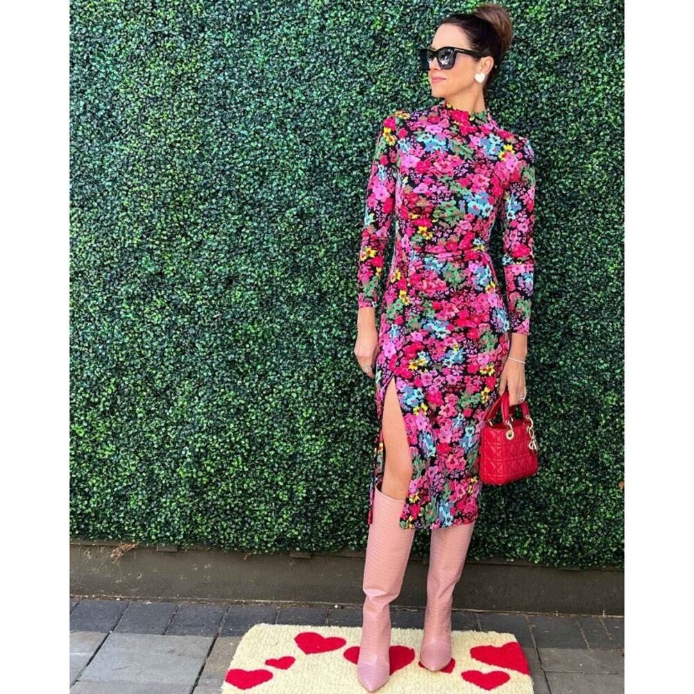 FUTURE COLLECTIVE Kahlana Barfield Floral Ruched Mock Neck Midi Dress Pink XXS